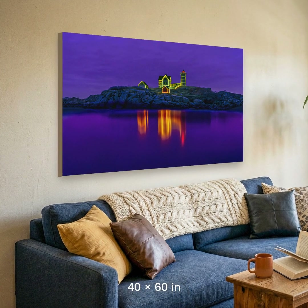 Nubble Lighthouse Holiday Lights Winter Sunrise Photography Print