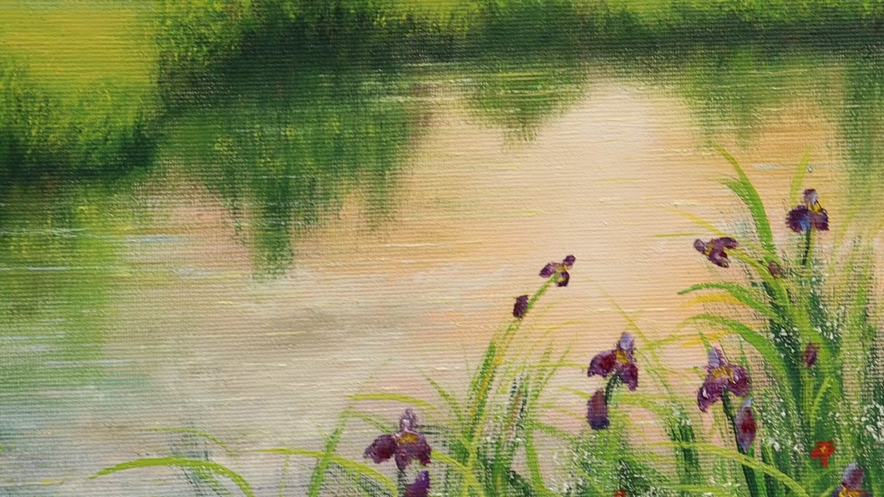 サンセットレイク油絵：写実的な野花咲く草原の風景 16x12インチ