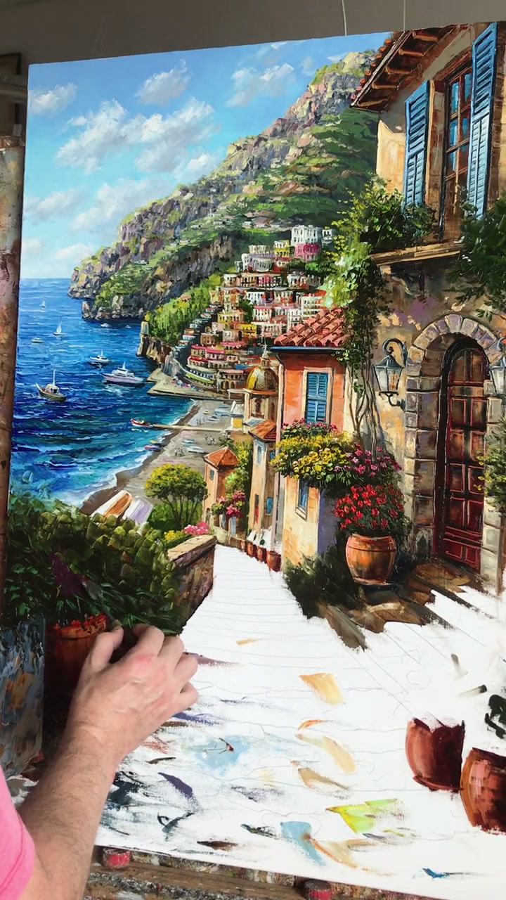 Sorrento Italy Oil Painting Original Italian Cafe Art, Amalfi
