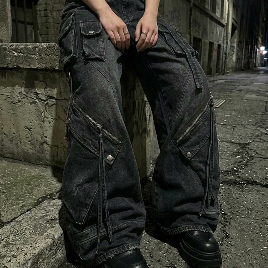Gothic Cargo Jeans, Black Cotton and Acetate Wide Leg Y2K