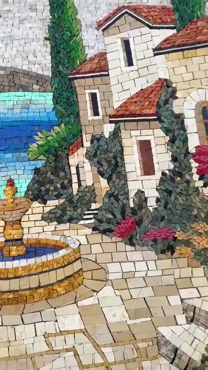 地中海風中庭モザイク壁画 – 高級手作り大理石＆石材アート作品