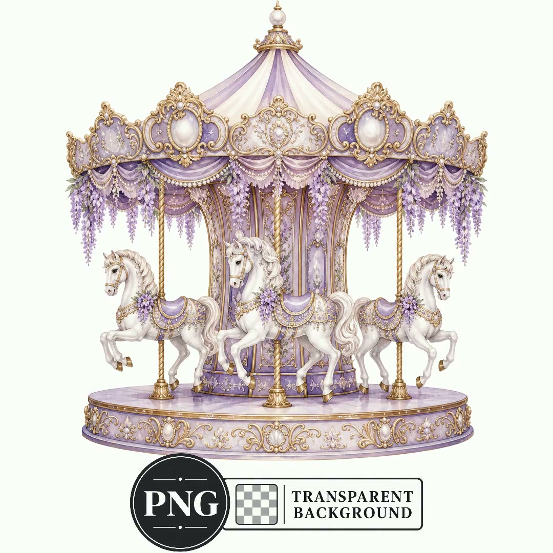 ビンテージメリーゴーランドPNGクリップアート、水彩メリーゴーランド