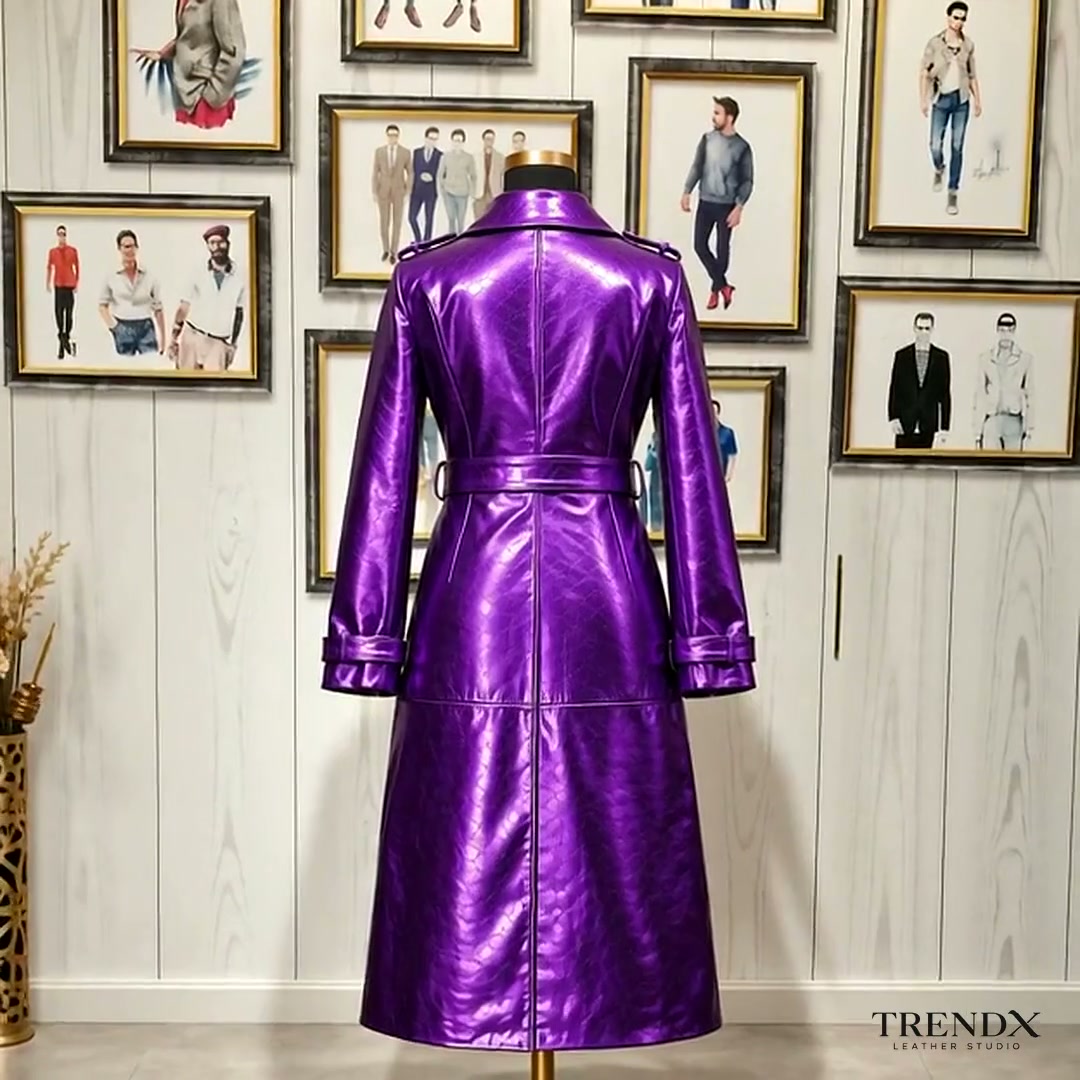 Metallic Purple Leather Trench Coat: Vintage-inspired Double