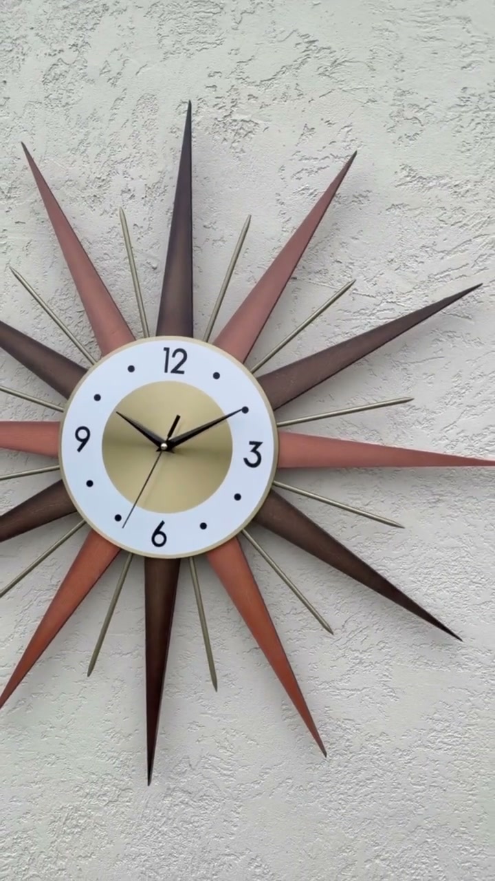 Mid Century Modern Starburst Wall Clock: Walnut & Gold Atomic