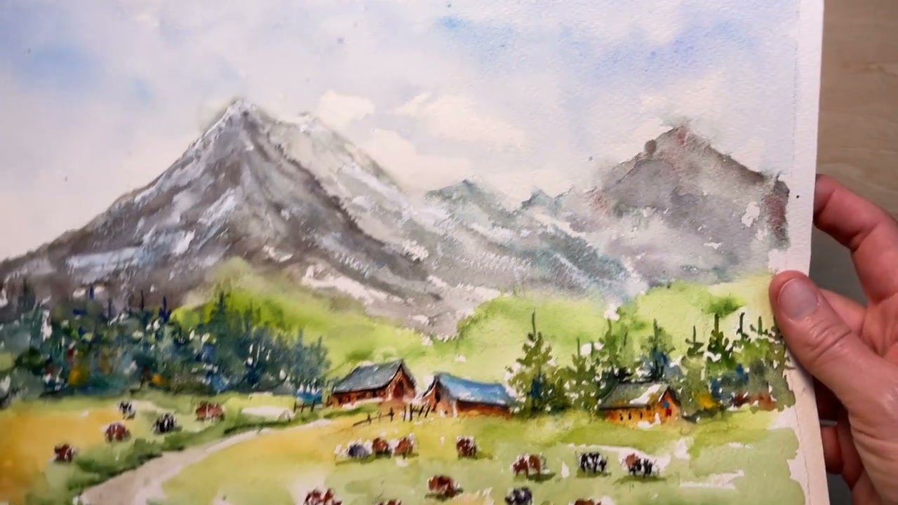 夏の山のオリジナル水彩画、山岳風景画、アルプスの水彩画、アラビス