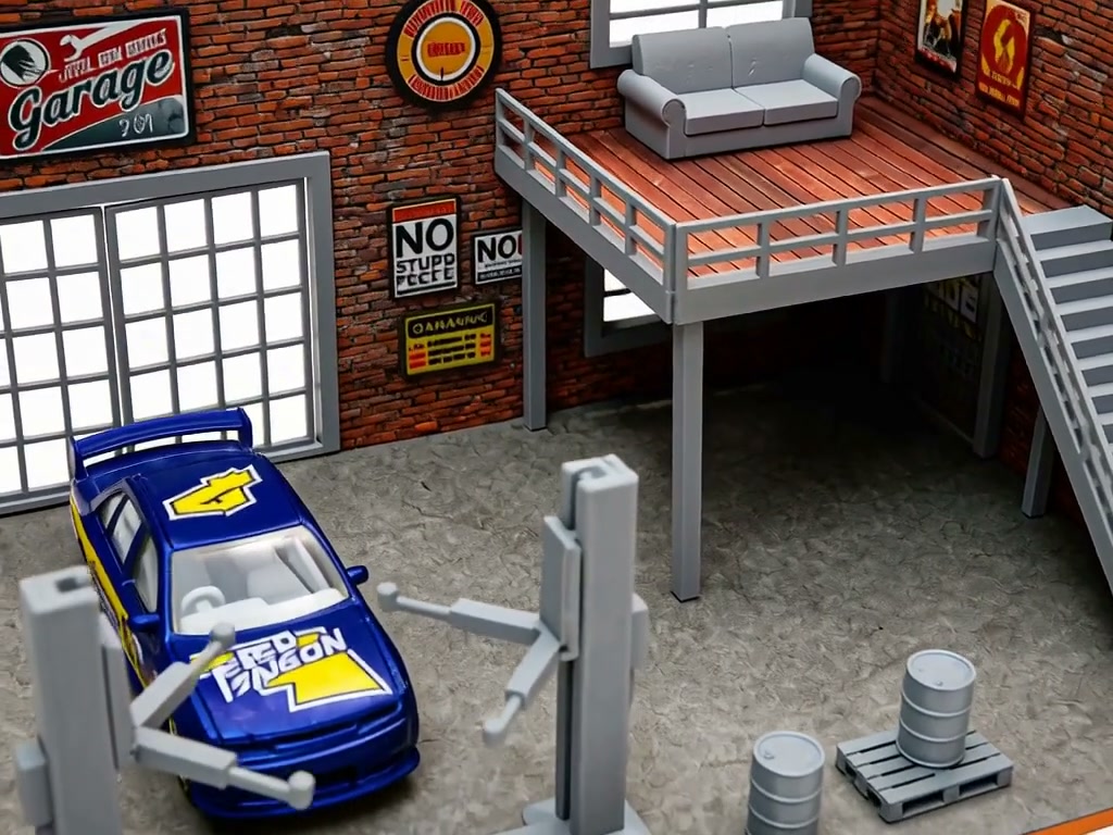 2階建て自動車ガレージジオラマキット – 1:60-64スケール ミニチュア