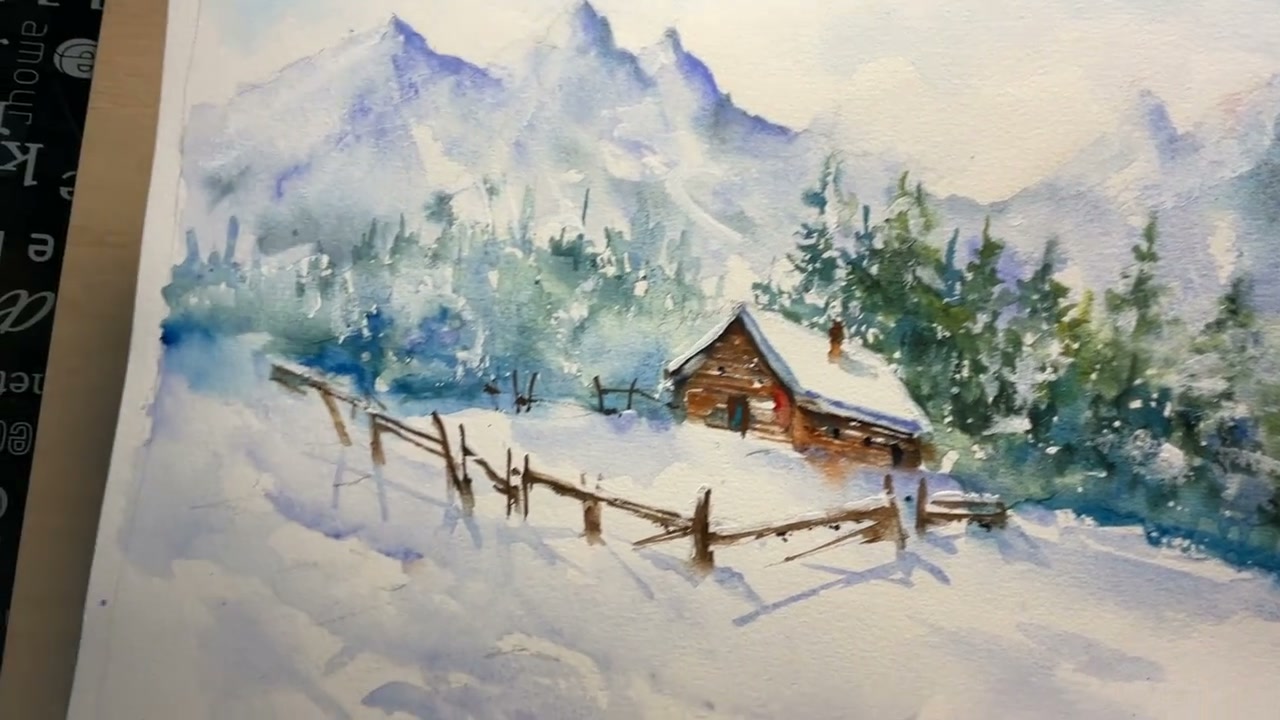冬の山岳風景、雪に覆われた丘のオリジナル水彩画、雪景色、アルプスの