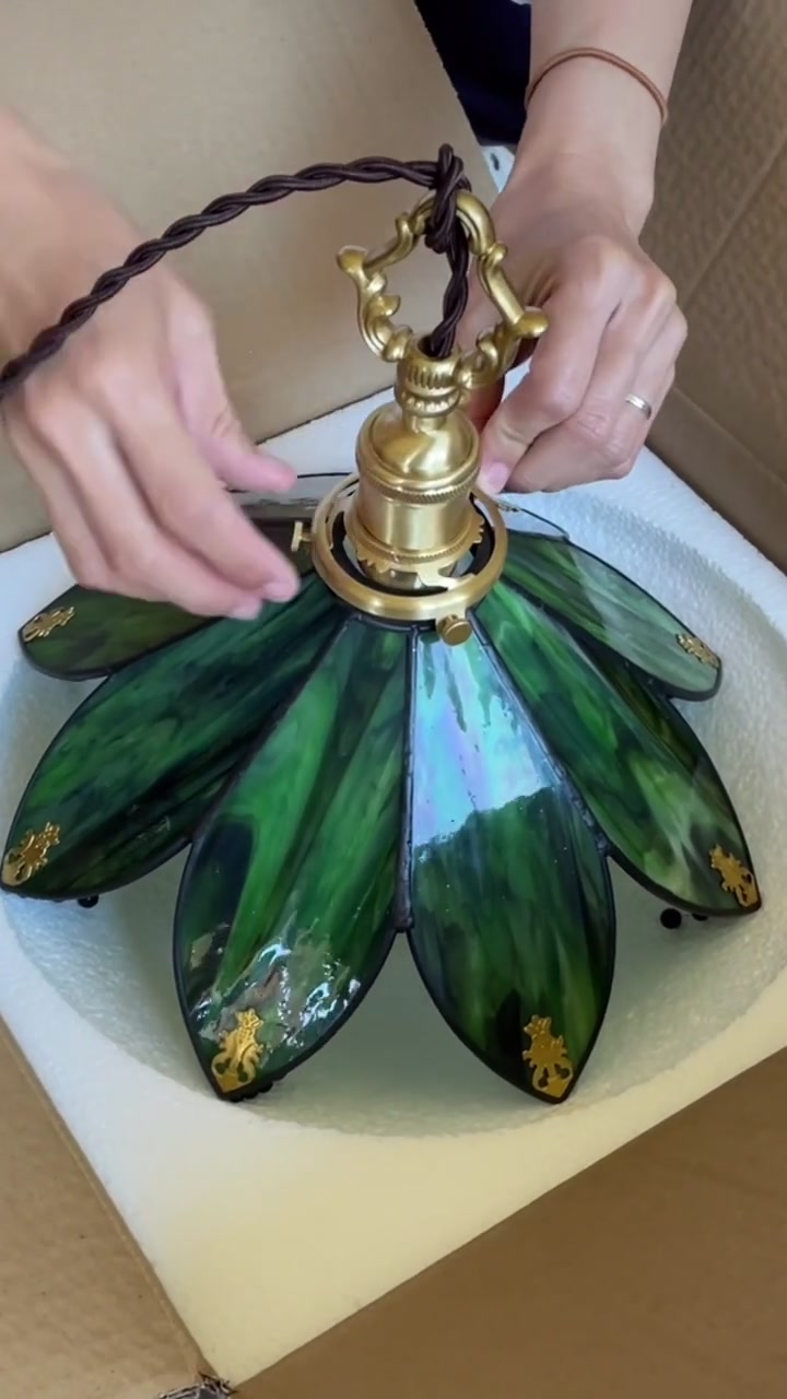 Green Stained Glass Pendant Light, Art Nouveau Floral Hanging Lamp