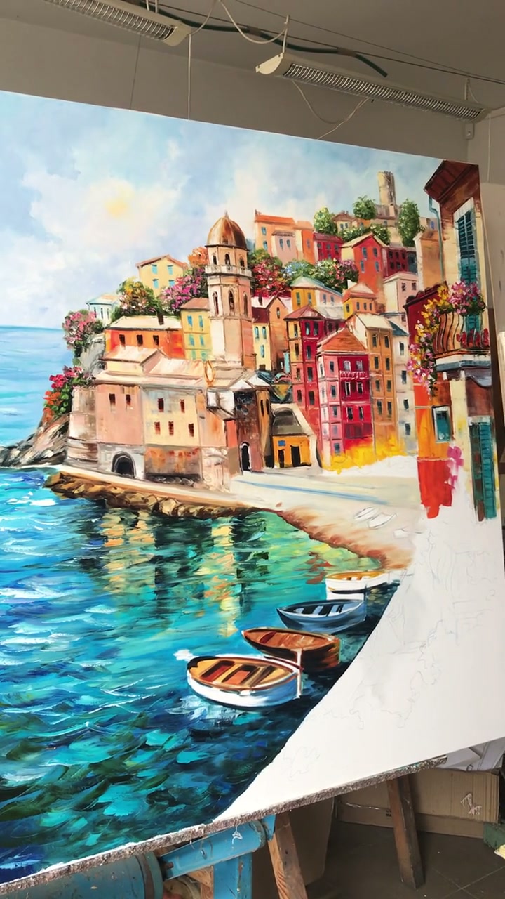 イタリア、ヴェルナッツァの油絵、キャンバス画、イタリアンリビエラ