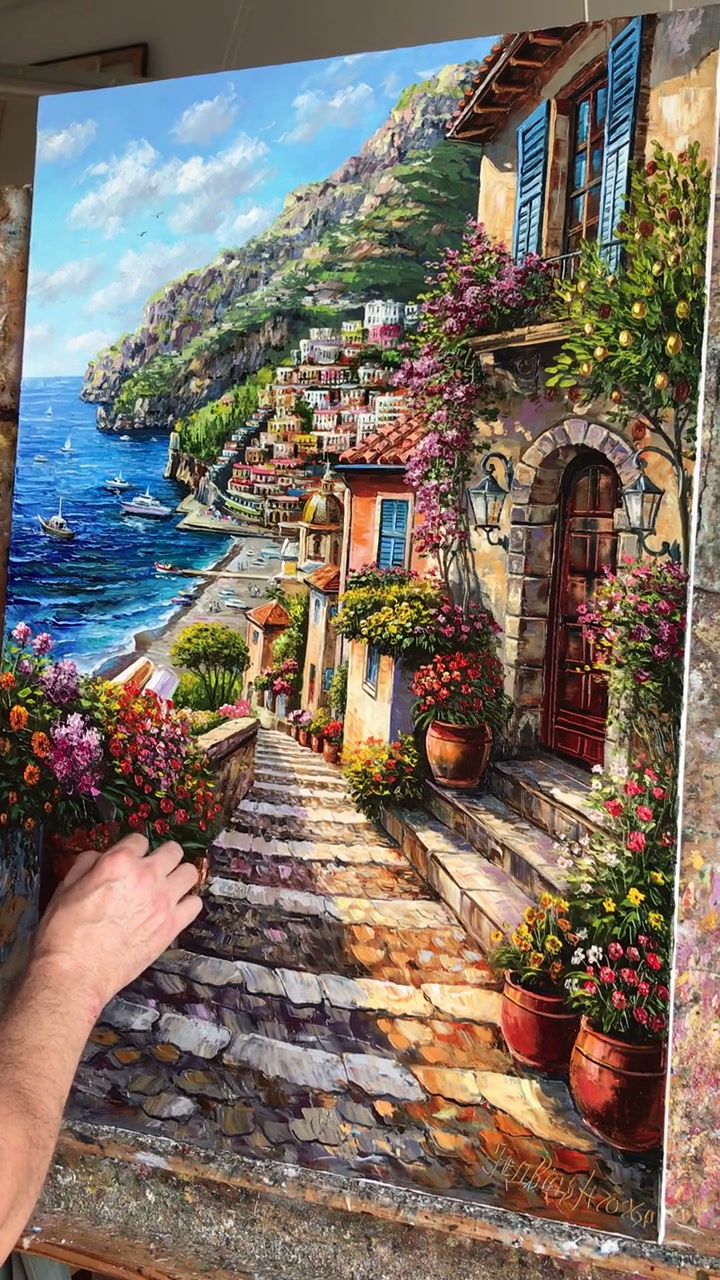 キャンバスに描かれたイタリアの海岸風景画、オリジナルのイタリアの