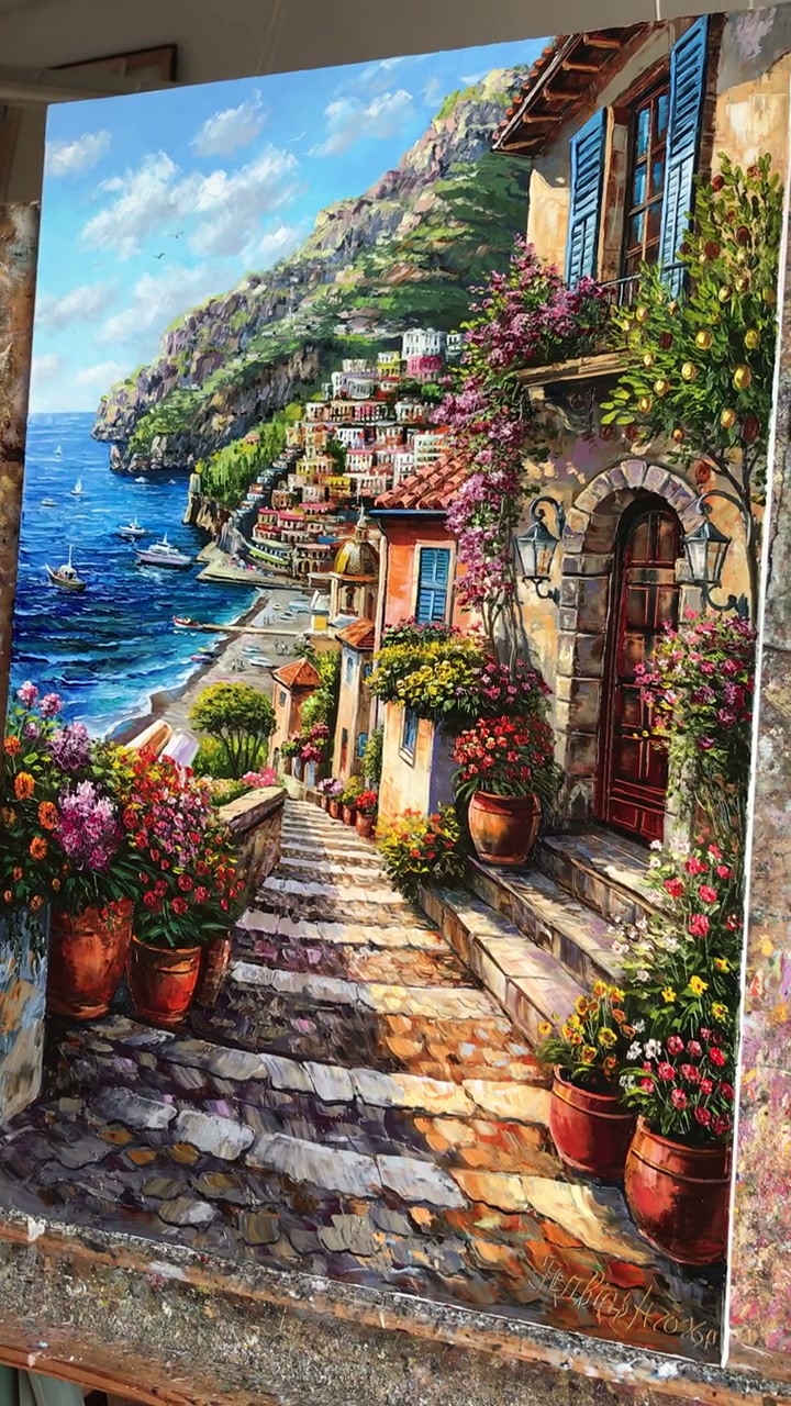 イタリアのカフェ風景油絵オリジナルカスタムコモ湖イタリア壁掛け