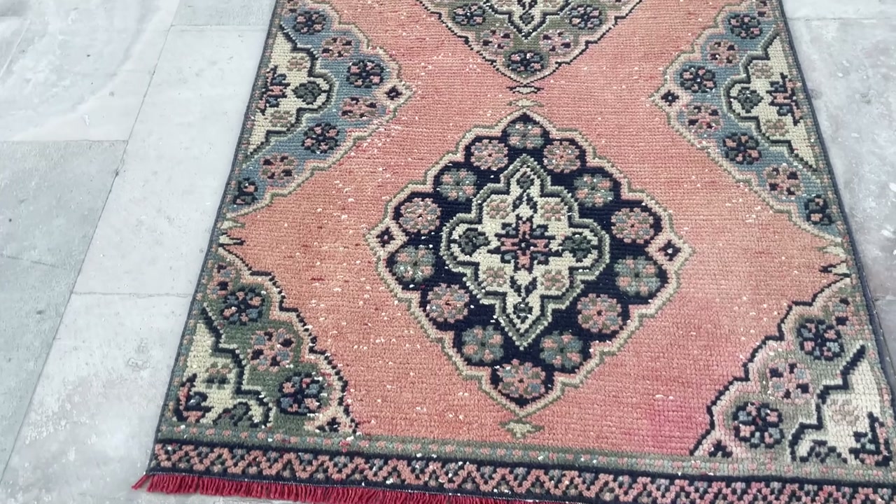 Orange Blue Vintage Rug, 3x18 Ft Long Handmade Turkish Rug