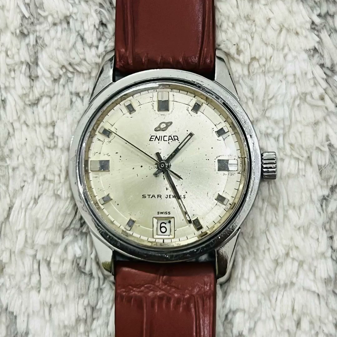 Vintage Enicar Watch, 1980s Stainless Steel Case With Silver Dial
