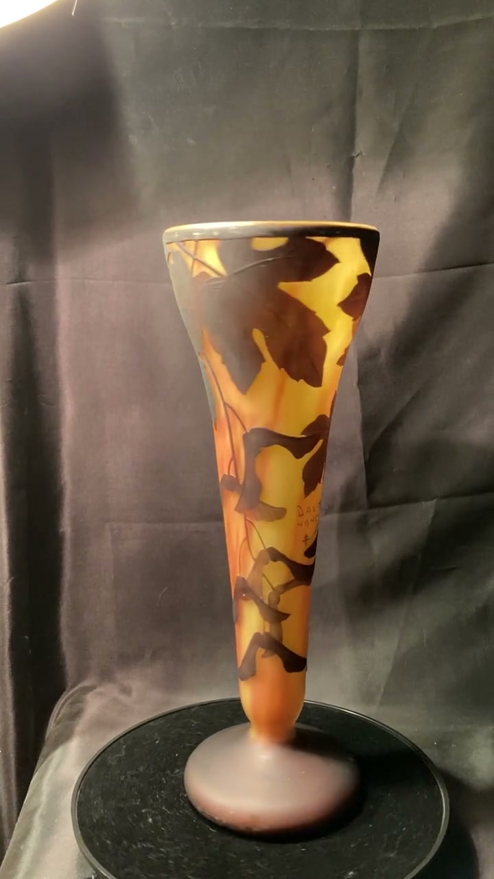 Antique DAUM NANCY Cameo Glass Acid Etched Maple Vase, Art Nouveau
