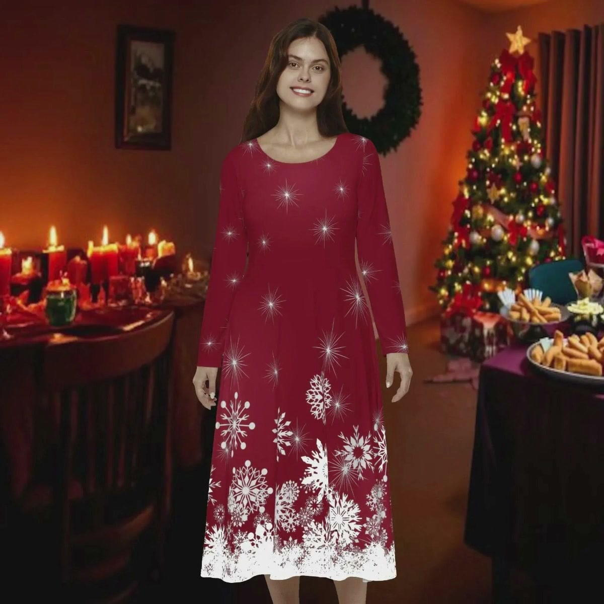 zaful christmas dresses Elegant Snowflake Party Dress: Long Sleeve Dance Dress, Modest Outfit Mix and match with