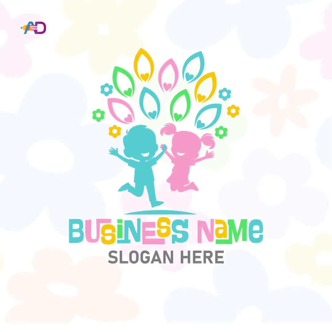 Playful Kids Logo - Jumping Children with Floral and Heart Leaves | Pastel Colors, Fun Font, Childcare and Educational Logo - Video thumbnail 5