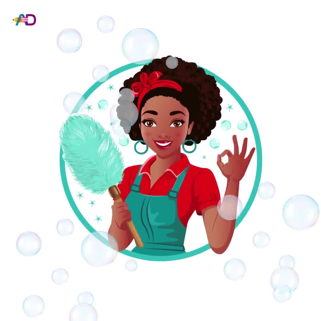 Digital Download of an African American Cleaning Female Character - Maid Cartoon Character - Housekeeper Illustration - Video thumbnail 7