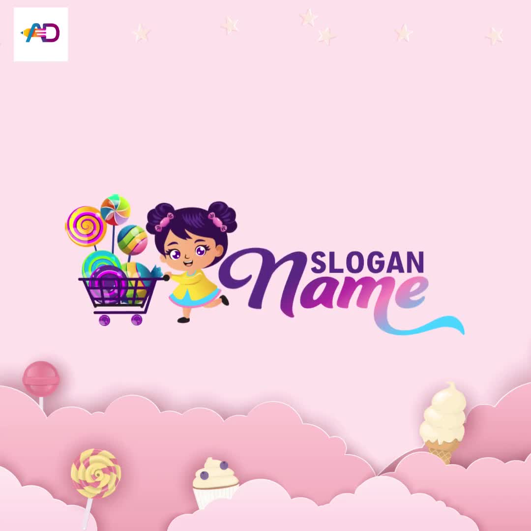 Colorful Candy Shop Logo – Cute Girl Pushing a Shopping Cart Full of Sweets – Party Candy Bar Logo Design - Video thumbnail 9