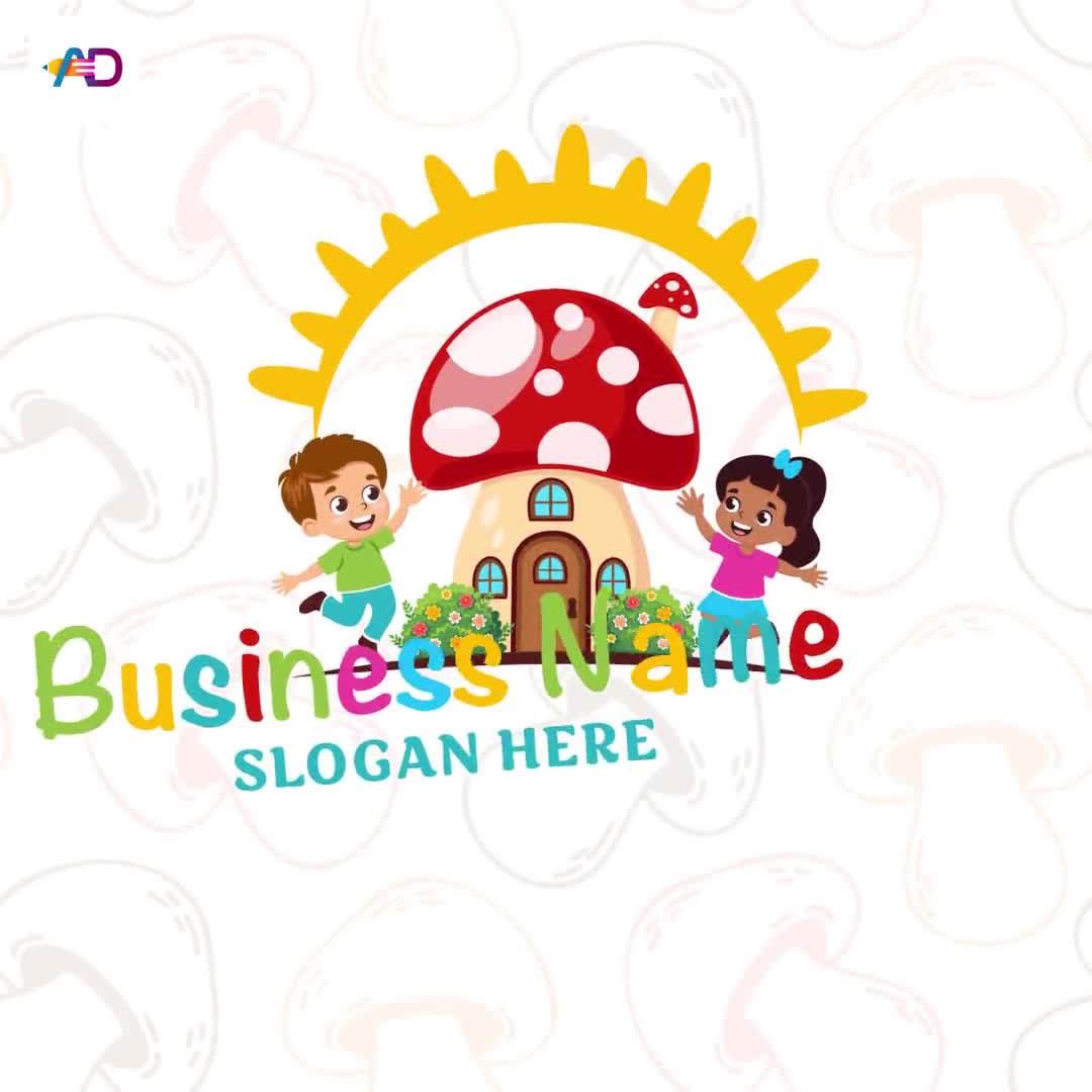 Colorful Mushroom House with a boy and a girl Preschool Kids Logo | Education Logo Design - Video thumbnail 8