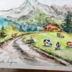 夏の山のオリジナル水彩画、山の風景画、アルプスの水彩画、アラヴィス