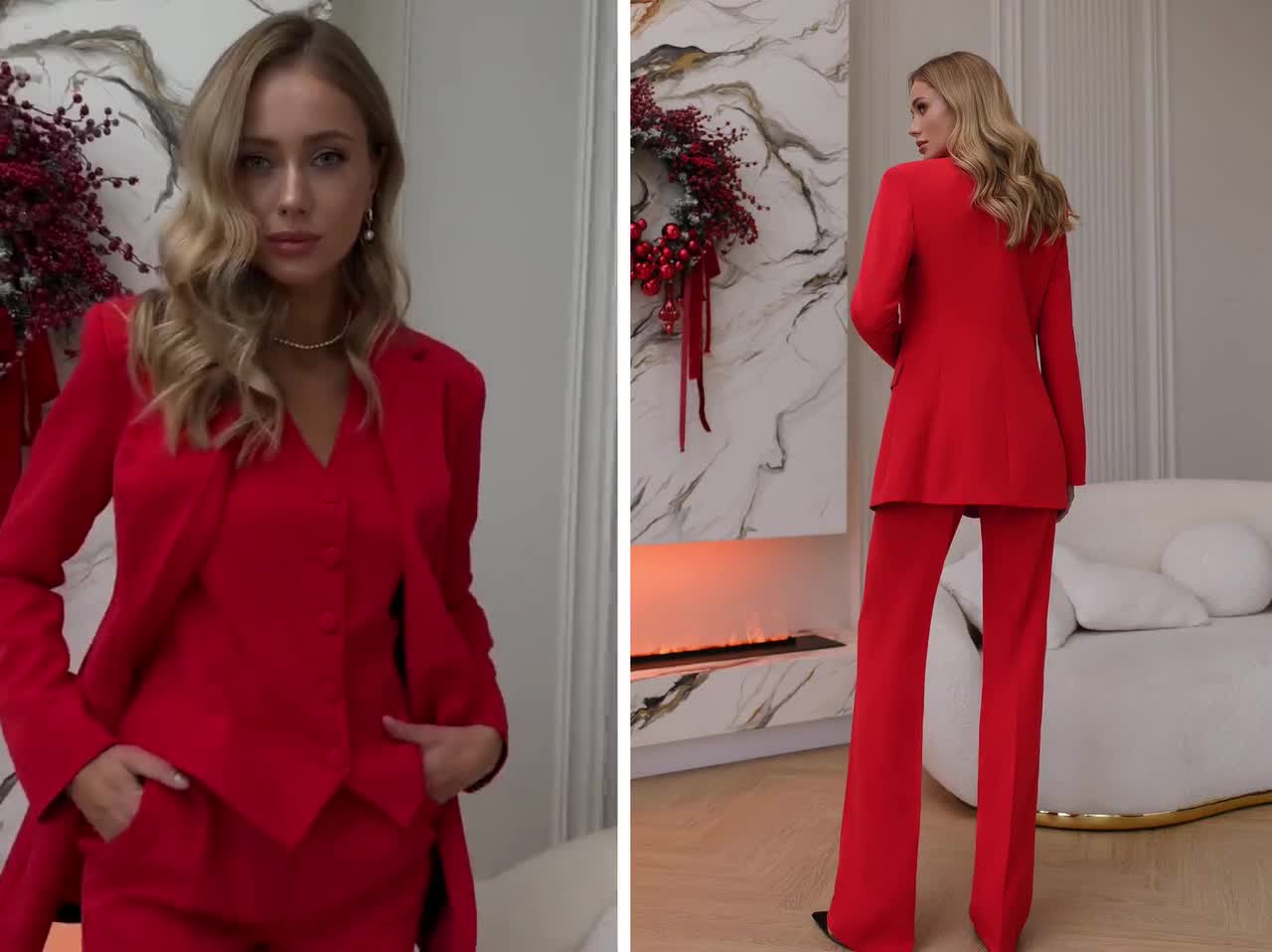 Hot Red Stunning Classic 3-piece Pantsuit. Red Three Piece Women's Suit.  3-piece Set Jacket Vest and Trousers. Office Matching Set. 