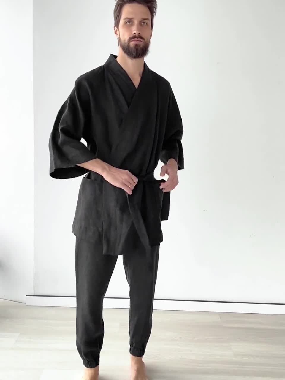 Black Kimono Cardigan Men Yukata Men Loungewear Linen 