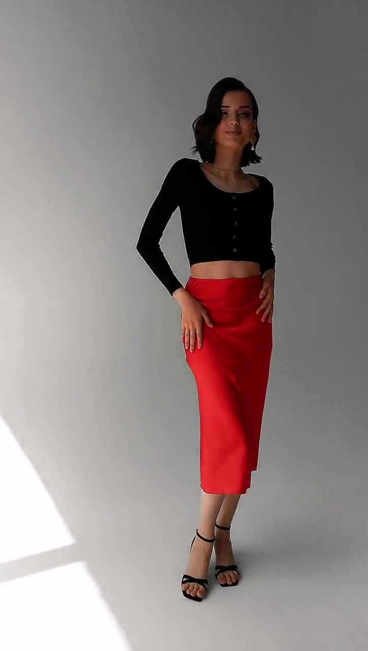 red pure silk aline skirt