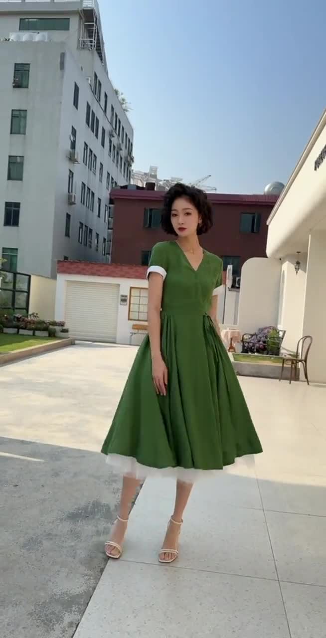 Wkior Women's Summer Dress - Cute V Neck Loose Swing Short Shift Dress In Green, XXL