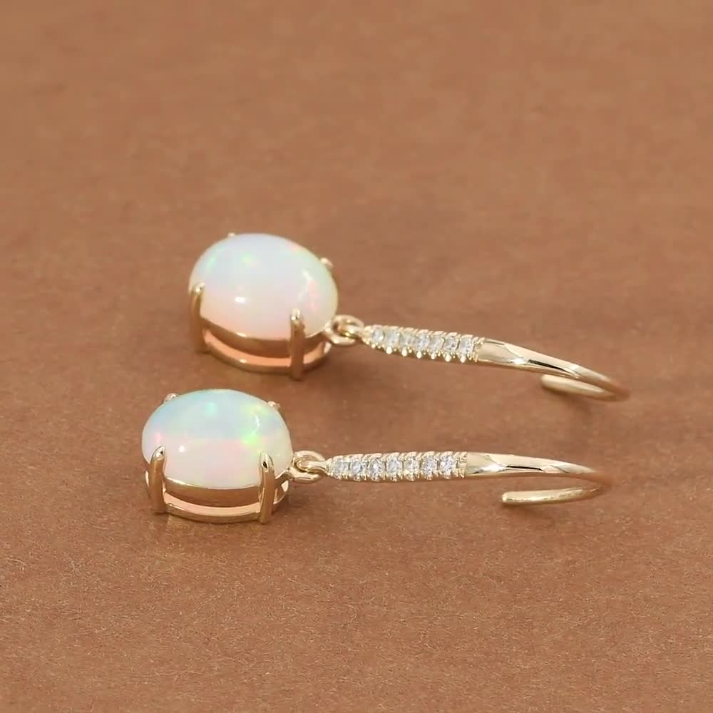 PlacGattao Orecchini Pendenti Con Opale Bianco - Placcatura Oro Bianco, Forma Rotonda, Gioiello Femminile Per Occasioni Speciali