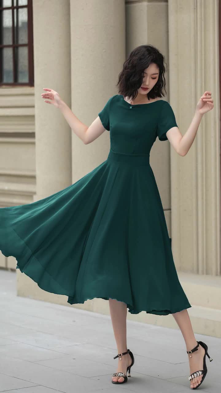 Elegant Deep Green Midi Dress, Flattering A-line Fit Dress, Handcrafted Womens  Dress, Summer Weddings & Brunches Dress, Xiaolizi 5830# - Etsy Hong Kong