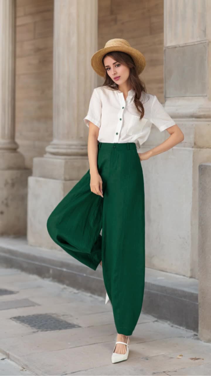 Green loose fitting long linen pants for spring Handmade by xiaolizi family studio 4919