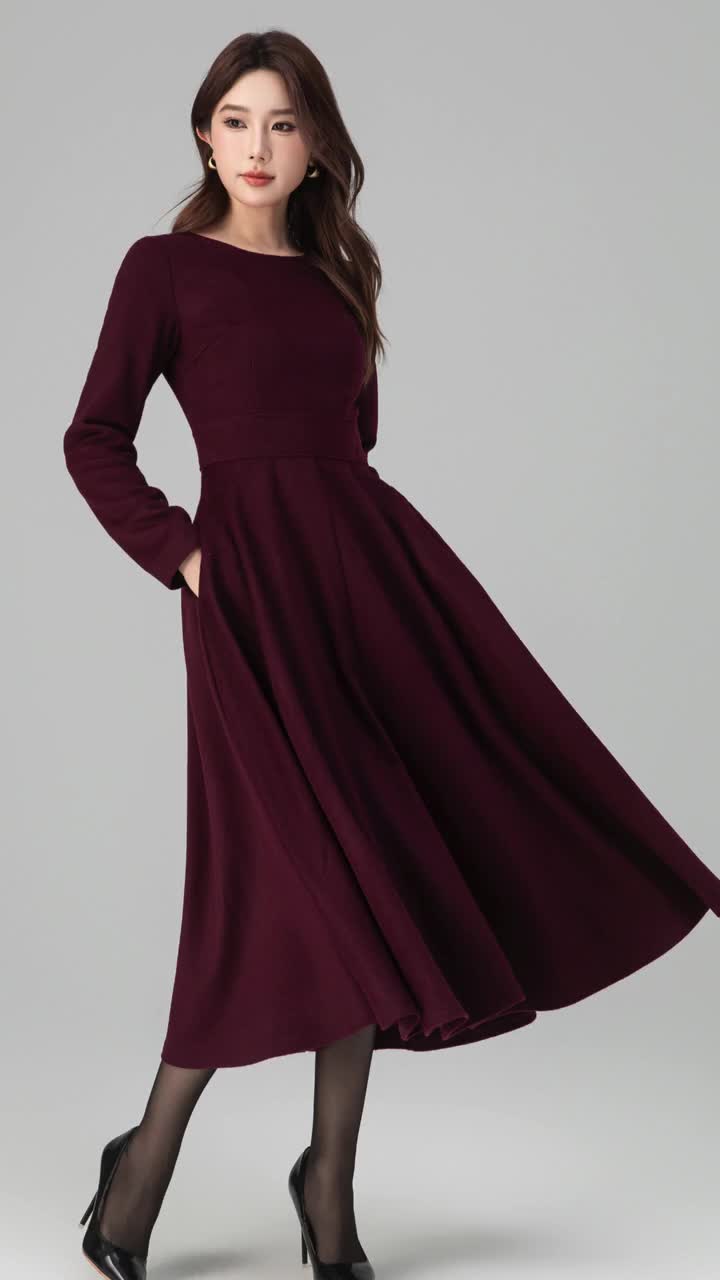 Wedding Guest Long Sleeve Burgundy Work Dress Burgundy Wool Pinafore Dress:  Square Neck A-Line Midi,