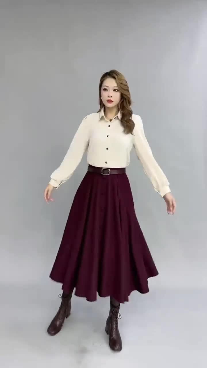Burgundy knee length swing wool skirt 5362 Burgundy knee length swing wool skirt 5362