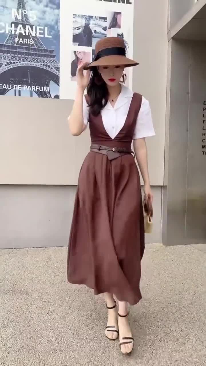 Brown Linen Pinafore Apron Dress 4268