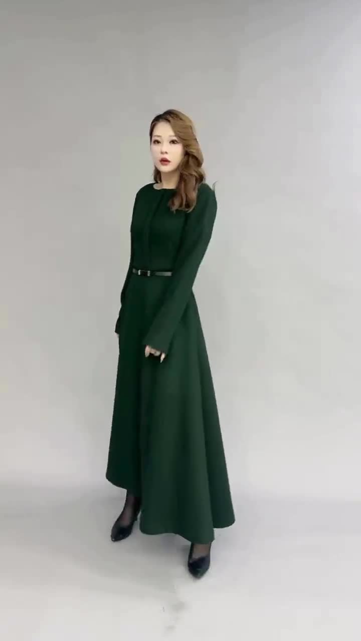 Wool Maxi Dress, Women's green Wool Dress, Winter wool dress, Long Sleeves  dress, A line wool dress, Minimalist wool dress, ylistyle C4443