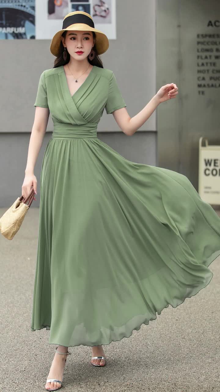 Olive Green Chiffon V-neck Maxi Dress, Flowy Ankle Length Summer Swing Dress, Xiaolizi 6027# - Etsy Israel Olive Green Chiffon V-neck Maxi Dress, Flowy Ankle Length Summer Swing Dress, Xiaolizi 6027# - Etsy Israel