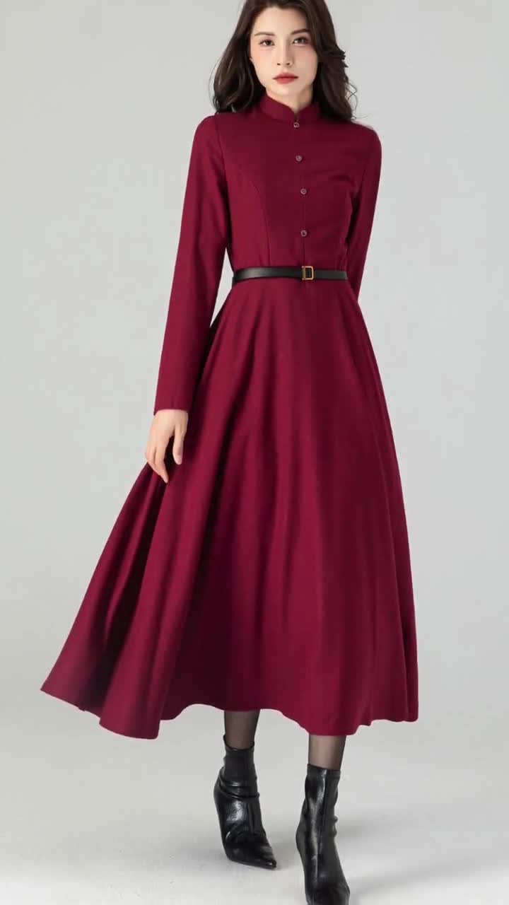 Burgundy Wool Fit and Flare Dress C3610 -Size XS US0 #CK2301028 - Burgundy / XS US2