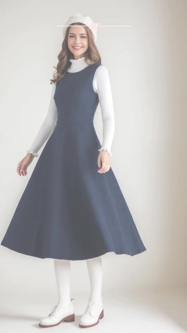 wool pinafore dress Blue Midi Sleeveless A-Line with Side Pockets Blue / Custom Order Embrace effortless elegance with this gray wool pinafore dress Goldie Merino Wool Ponte Pinafore
