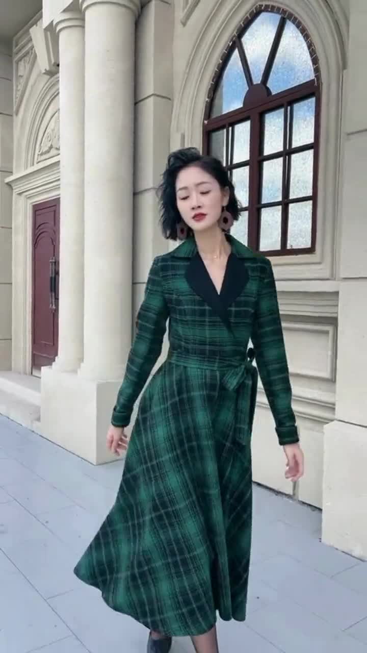 Plaid Wool Midi Dress: Fit & Flare Long Sleeve Swing Dress, Fall Autumn, Xiaolizi 5343 Plaid Wool Midi Dress: Fit & Flare Long Sleeve Swing Dress, Fall Autumn, Xiaolizi 5343