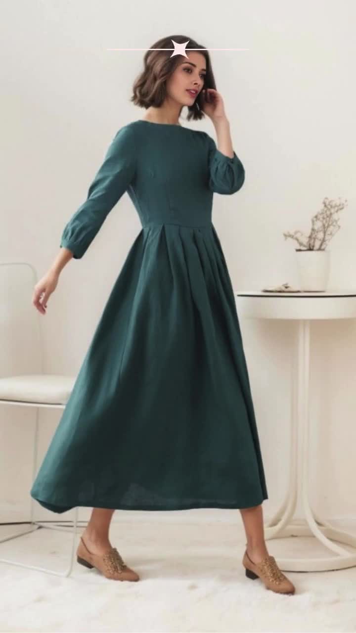 Green Linen Maxi Swing Dress - Flowy A-Line Design 5513 Green Linen Maxi Swing Dress - Flowy A-Line Design 5513