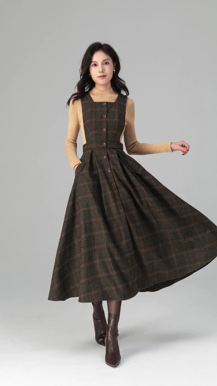 Plaid Wool Pinafore Dress: Vintage Inspired A-Line Midi with Pockets,  Button front, Ylistyle C5196