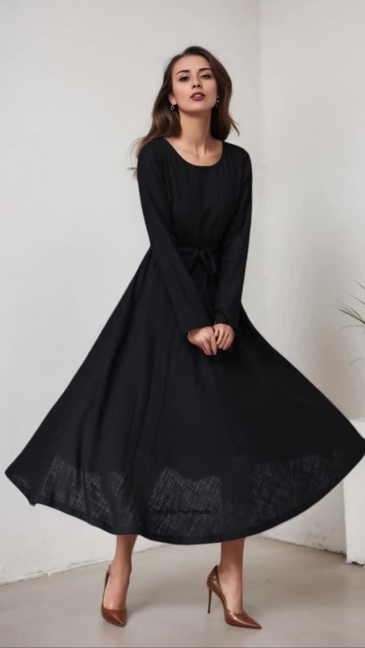 Black Linen Maxi dress - Flowing A-Line Swing dress, Women's Boho Long dress, plus size maxi dress with drawstring, Spring dress 5604 Black Linen Maxi dress - Flowing A-Line Swing dress, Women's Boho Long dress, plus size maxi dress with drawstring, Spring dress 5604