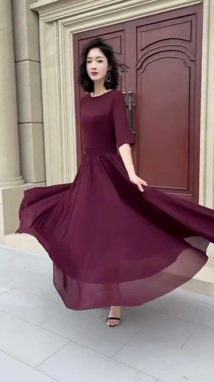 Fit and flare burgundy prom maxi chiffon dress 5113