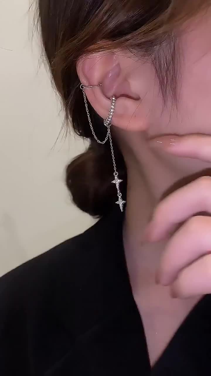 Sparkly Silver Ear Cuff Chain Cross Earrings With Long Chain 