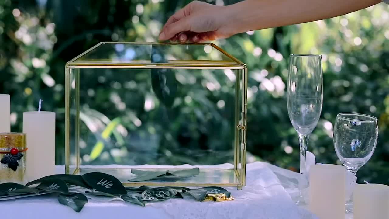 Large Geometric Glass Card Box Terrarium with Slot and Heart Lock, Foot,  Gold, Handmade, Brass,for Wedding Receiption, Wishwell, Keepsake Centerpiece