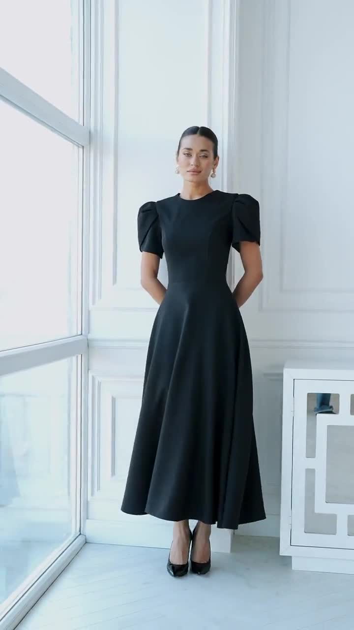 Black Structured Midi Dress | Voluminous Statement Sleeve Gown | Elegant  Modern Formal Dress for Special Occasions, Minimalist Evening Dress