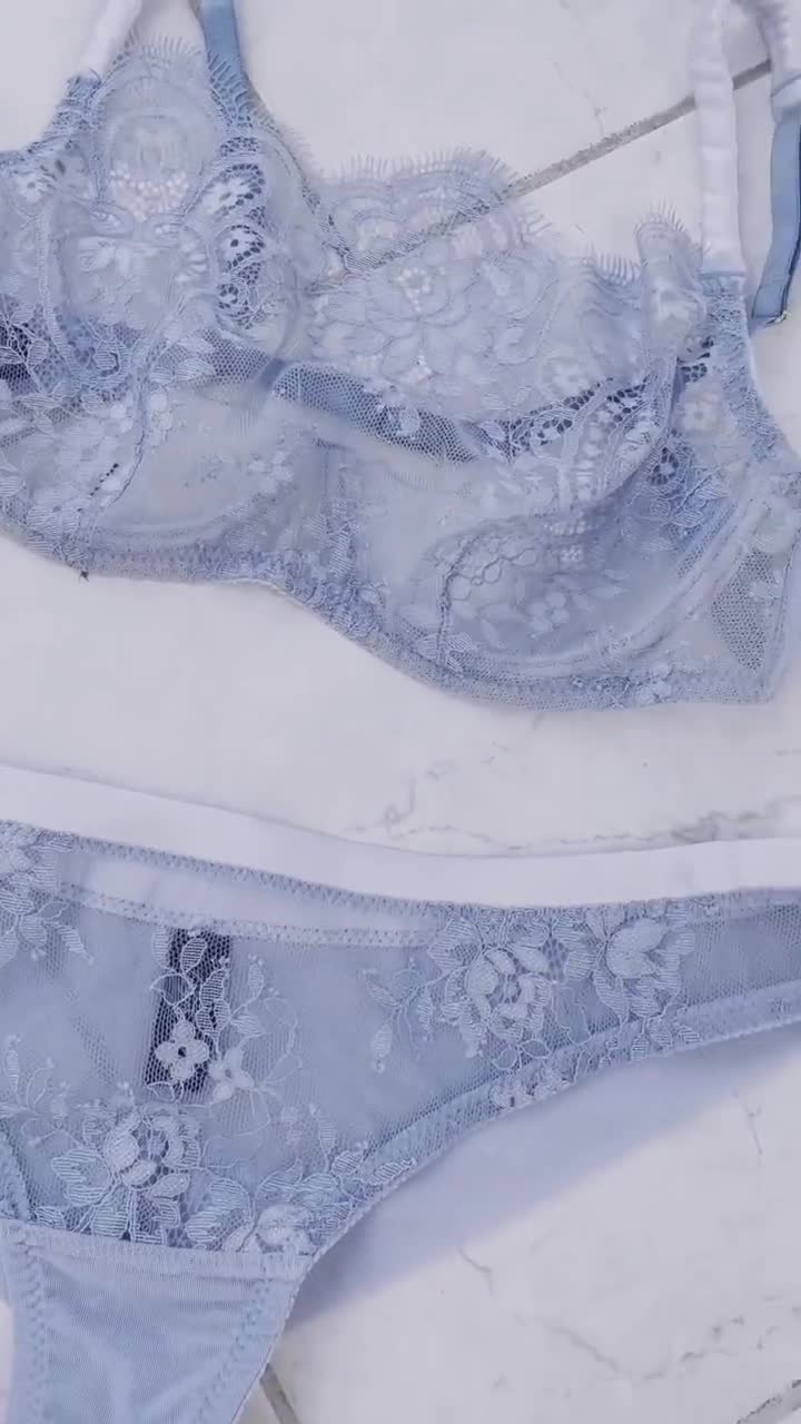 Amazing Blue Lace ,long Bra and Brazilian Panties Lingerie Sets. Wedding  Lingerie. 