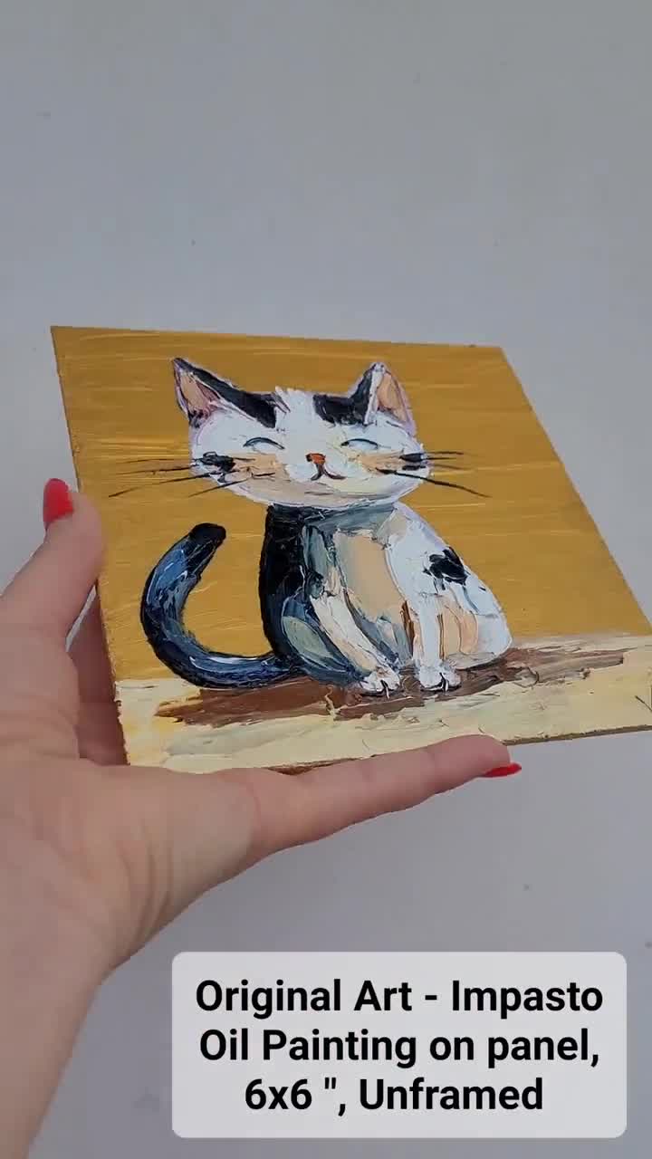 猫の油絵：面白いペットの肖像画 小さな壁飾り 厚塗り動物オリジナル