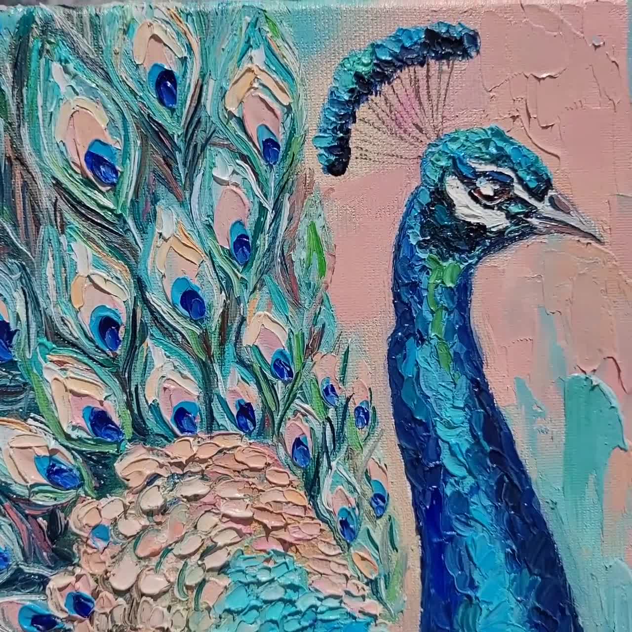 キャンバスに描かれた孔雀の油絵：オリジナルのエキゾチックな鳥の