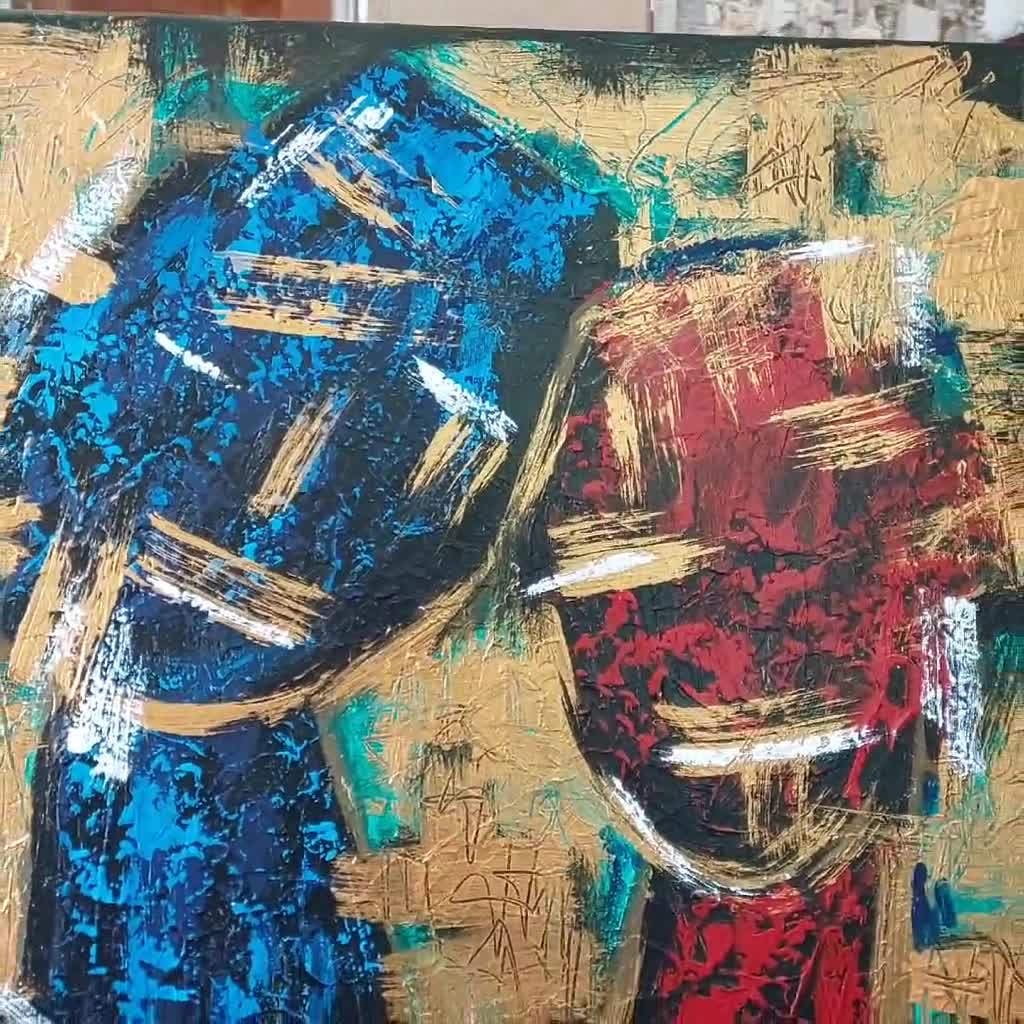 アフリカのカップルを描いた抽象的な絵画、黒人の王と女王の民族芸術